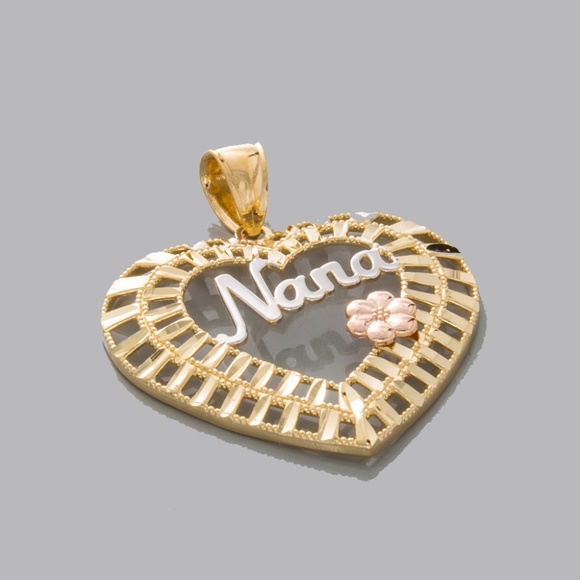 14k Tri-Color Gold Nana in Heart Pendant Necklace w Rose Gold Flower 31mm x 27mm - Picture 2 of 4